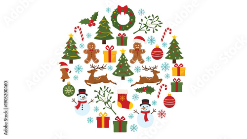 A festive collection of colorful Christmas icons arranged in a perfect circle on a clean white background, celebrating the holiday season.