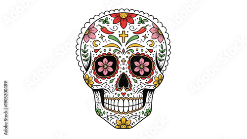Intricately decorated sugar skull with colorful floral patterns and a cross for the Mexican Day of the Dead celebration.