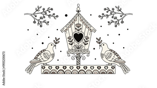 Symmetrical line art illustration of two peace doves with olive branches beside a decorated birdhouse with a heart cutout.