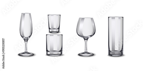 Realistic alcohol drinks glassware set featuring assorted beverage glasses rendered in high detail ideal for bar restaurant menu design hospitality branding and nightlife visual projects
