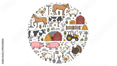 A circular composition of colorful farm animal and agriculture icons including a cow, pig, tractor, and red barn illustration.