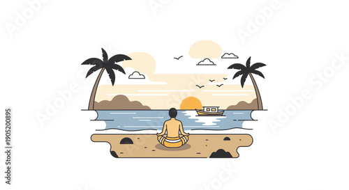 Man meditates on beach.