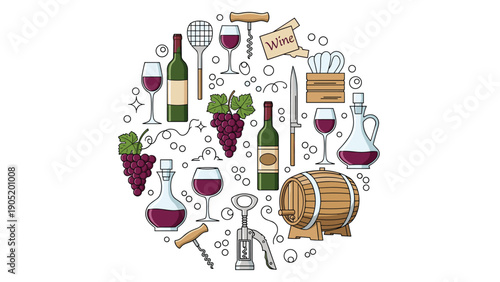 A circular composition of wine-related doodle icons including bottles, glasses, grapes, a barrel, and corkscrews design.