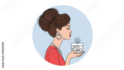 Profile portrait of a stylish woman with an elegant updo hairstyle and pearl jewelry holding a small gift box illustration.