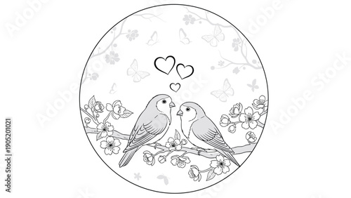 A romantic black and white circular illustration of two lovebirds on a flowering branch surrounded by butterflies and hearts.