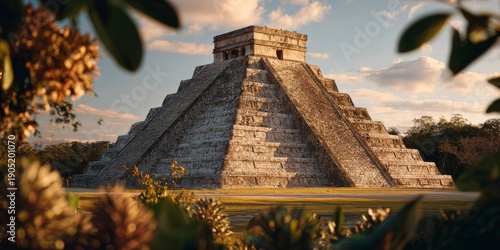 Majestic chichen itza pyramid illuminating under golden sunlight at sunset