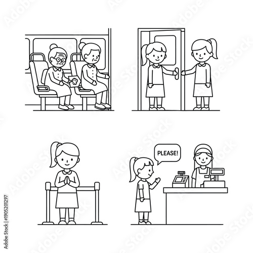 Illustrations depicting various acts of good manners and social etiquette in everyday situations, including offering a seat, holding a door, waiting in line, and using polite words.