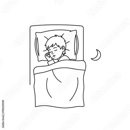 Simple line drawing of a young child sleeping peacefully in bed at night with a crescent moon.