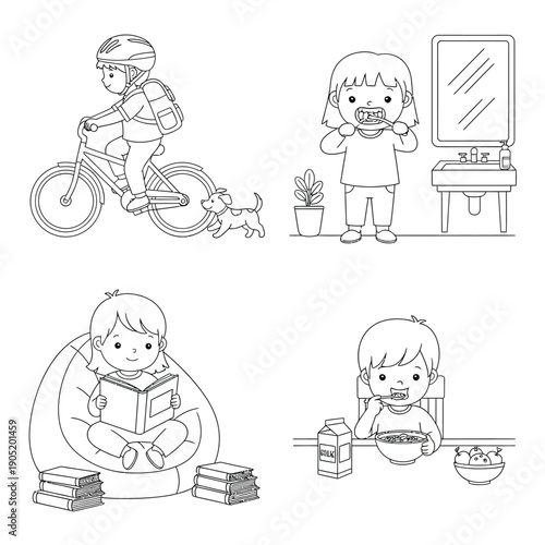 Children engaged in various daily routines like cycling, brushing teeth, reading, and eating breakfast, illustrating healthy habits and leisure activities.