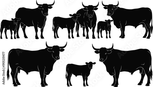 Cattle silhouette set, cow and calf illustration, livestock farming artwork, animal husbandry graphic design, black and white vector icon pack