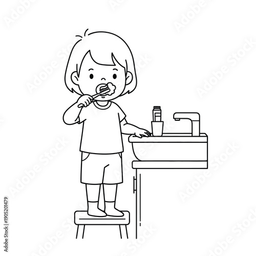 A cute cartoon child brushing her teeth at the bathroom sink, standing on a stool, in a simple black and white line art style.