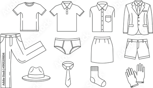 Clothing icon set, fashion apparel illustration, wardrobe accessory artwork, garment design vector, outfit symbol pack, black and white line drawing