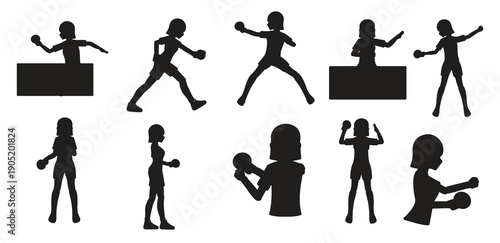 Dynamic silhouettes of table tennis players in action capturing serve and forehand shots. Table tennis player silhouette man and woman table tennis players silhouette, Vector illustration.