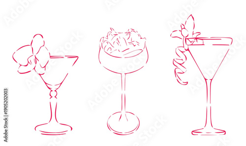 Hand-drawn cocktail party clipart set trendy outline illustrations of summer drinks, glasses. Watercolor glasses of pink cocktails. Pink martini cocktails with lime slice and ice. Vector illustration.