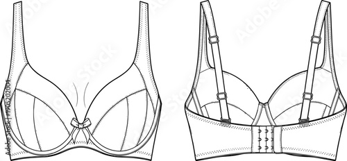 Bra fashion technical drawing, lingerie garment illustration, underwear design vector, structured support artwork, apparel symbol pack, black and white clothing sketch