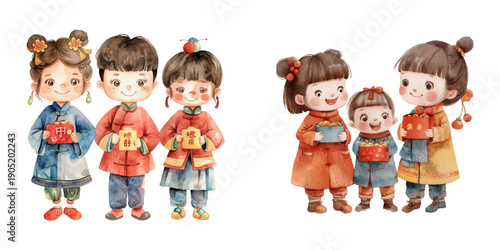 cute asian kids celebrating chinese new year watercolor vector illustration