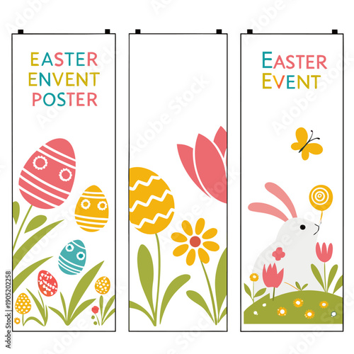 Clean Easter event poster collection, flat vector designs perfect for announcing gatherings and celebrations.