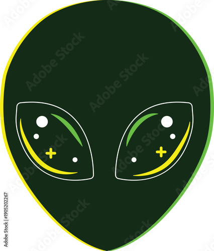 Stylized Green Alien Head with Large Glowing Extraterrestrial Eyes