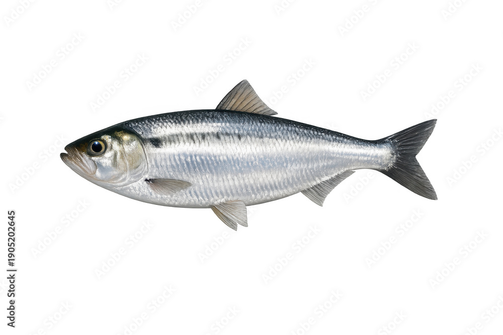 Fototapeta premium Herring fish with shining silver scales, a fresh seafood ingredient for cooking and healthy eating on transparent background