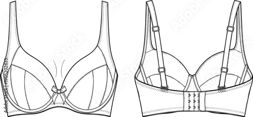 Bra fashion technical drawing, lingerie garment illustration, underwear design vector, structured support artwork, apparel symbol pack, black and white clothing sketch