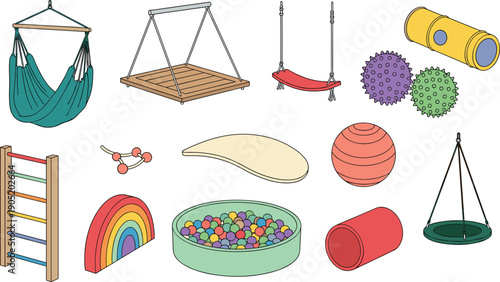 Children sensory play equipment illustration, therapy toy artwork, developmental activity graphic design, playground vector, educational symbol pack, colorful accessory collection