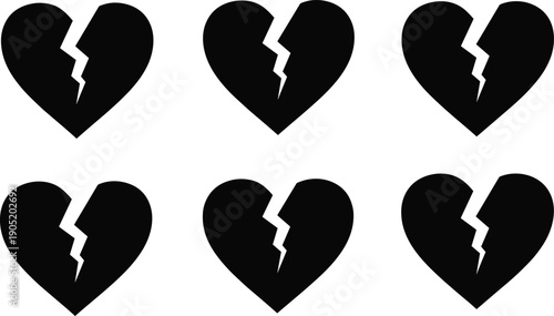 Broken heart silhouette set, heartbreak symbol illustration, emotional distress artwork, love loss graphic design, black and white vector icon pack