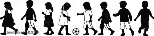 Children walking silhouette illustration, playful kids design, casual movement art, childhood activity graphic, outdoor recreation concept, group interaction, soccer moment