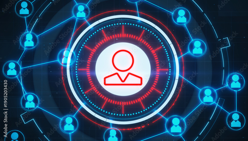 Obraz premium Connected network of digital people, representing connectivity and networking. This design features a central avatar connected to a network of individuals