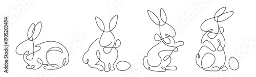 Set of Easter rabbit silhouettes isolated on white background. Line art vector illustration