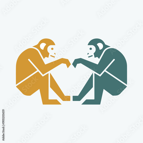 A vector illustration features two stylized monkeys, one golden-brown and one teal, sitting facing each other with their hands poised.
