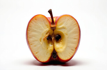 Red apple cut in half showing interior structure and seeds. Fruit shows signs of decay and browning, representing spoilage or aging. Isolated on clean white background for easy use in design projects.