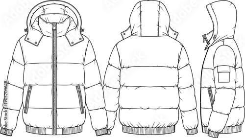 Puffer jacket fashion illustration, winter coat technical drawing, garment design vector, hooded outerwear artwork, apparel symbol pack, black and white clothing sketch