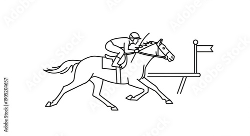 Equestrian athlete jumping horse over obstacle in competition with flag