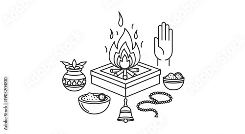 Hindu puja ceremony setup with fire prayer beads bell and offerings on a square altar