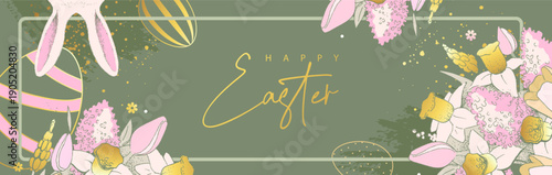 Happy Easter poster or greeting card with rabbit ears, bouquet of spring flowers and eggs on green background. Vector illustration