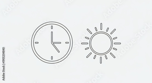 Clock and sun icons in minimalist line art style on white background symbolizing time and daylight