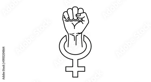 Female empowerment symbol with raised fist and venus symbol on white background representing feminism and equality