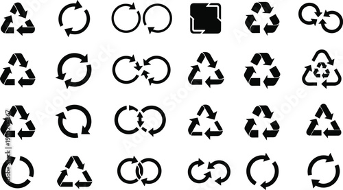 Recycling symbol icon set, sustainability arrow illustration, eco-friendly artwork, environmental graphic design, circular motion vector, black and white renewal pack