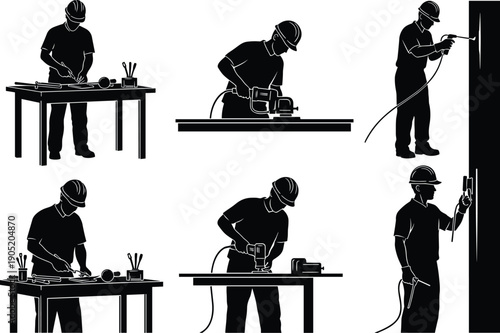 Construction worker task silhouette set, carpentry tool illustration, industrial labor artwork, workplace activity graphic design, black and white vector icon pack