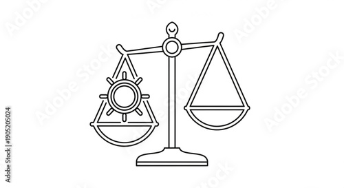 Scales with ship wheel on one side and empty pan on the other symbolizing balance and decision making in business or navigation