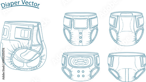 Diaper vector illustration set, baby product artwork, infant care graphic design, hygiene symbol pack, blue outline drawing, childcare accessory design collection