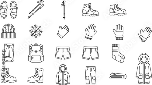 Outdoor clothing icon set, hiking gear illustration, camping equipment artwork, trekking lifestyle graphic design, adventure apparel vector, black and white symbol pack