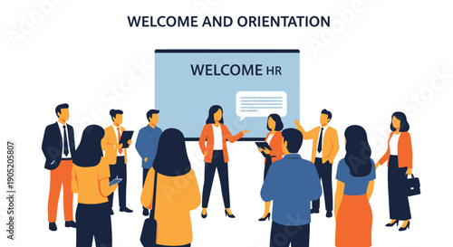 Group of diverse professionals gathered for welcome and orientation session.