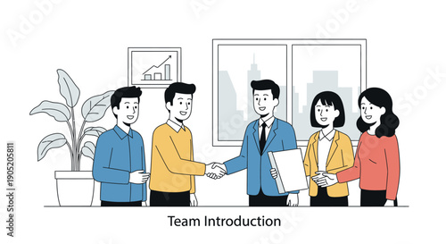 Team members shaking hands in a modern office setting.