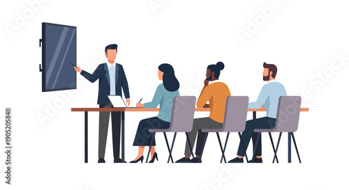 Business meeting with presentation and discussion among colleagues.