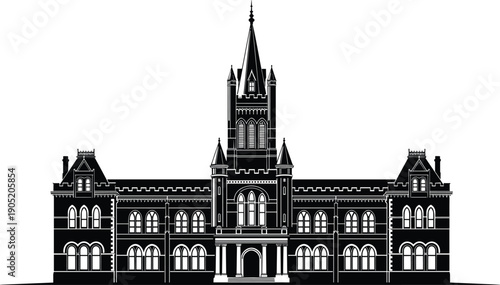 Gothic architecture building illustration, ornate tower design, historic university art, government structure graphic, medieval style, decorative battlements, architectural heritage