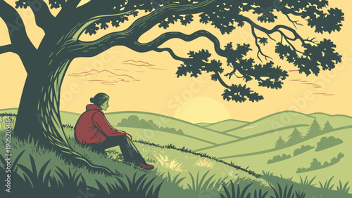 women sit under the tree peacefull moment