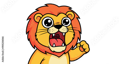 A cartoon lion with a vibrant orange mane and expressive eyes appears to be speaking or roaring on a clean white background.