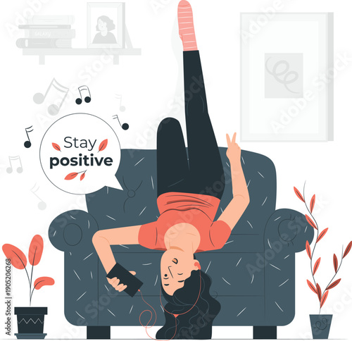 Woman practicing yoga on a couch with a positive message in a relaxing home environment from a high viewpoint
