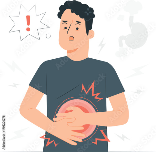 Man experiencing severe stomach pain with a worried expression, clutching his abdomen